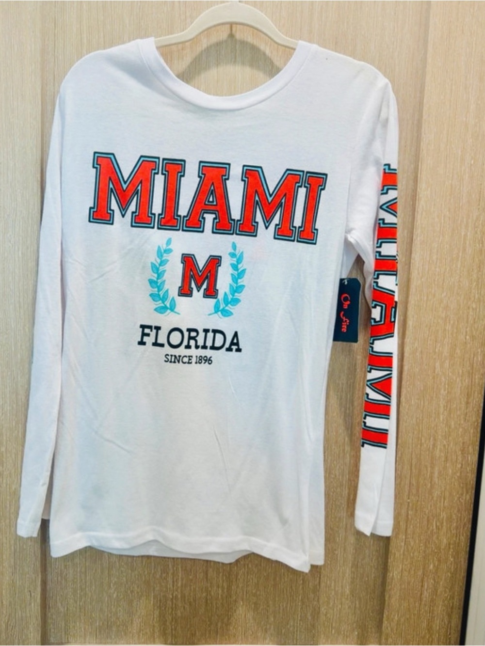 NWT-12-14 Miami Florida White Long Sleeve Tee with Orange & Teal Graphics